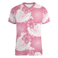 Pink Aloha Hawaii Women V-Neck T-Shirt Monstera Hibiscus Plumeria Seamless Vibes LT14 Female Pink - Polynesian Pride