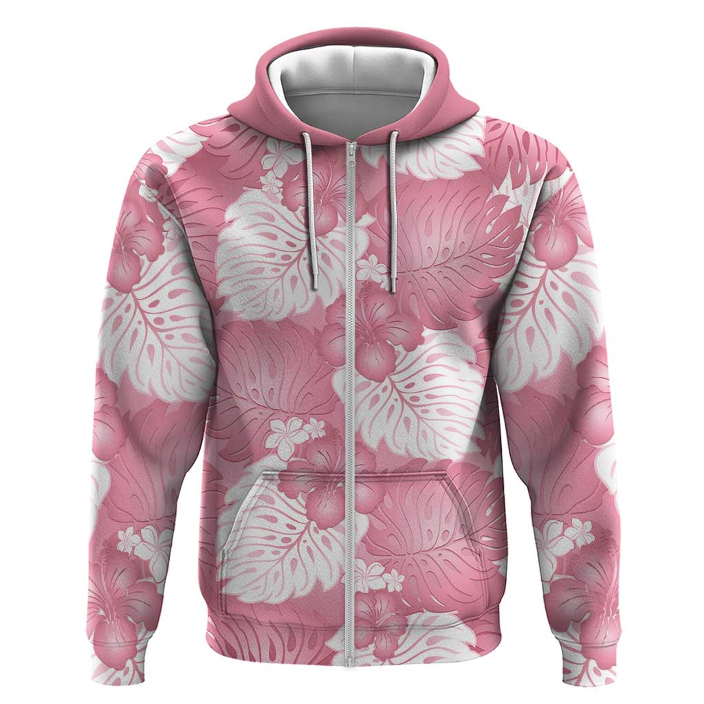 Pink Aloha Hawaii Zip Hoodie Monstera Hibiscus Plumeria Seamless Vibes - Polynesian Pride
