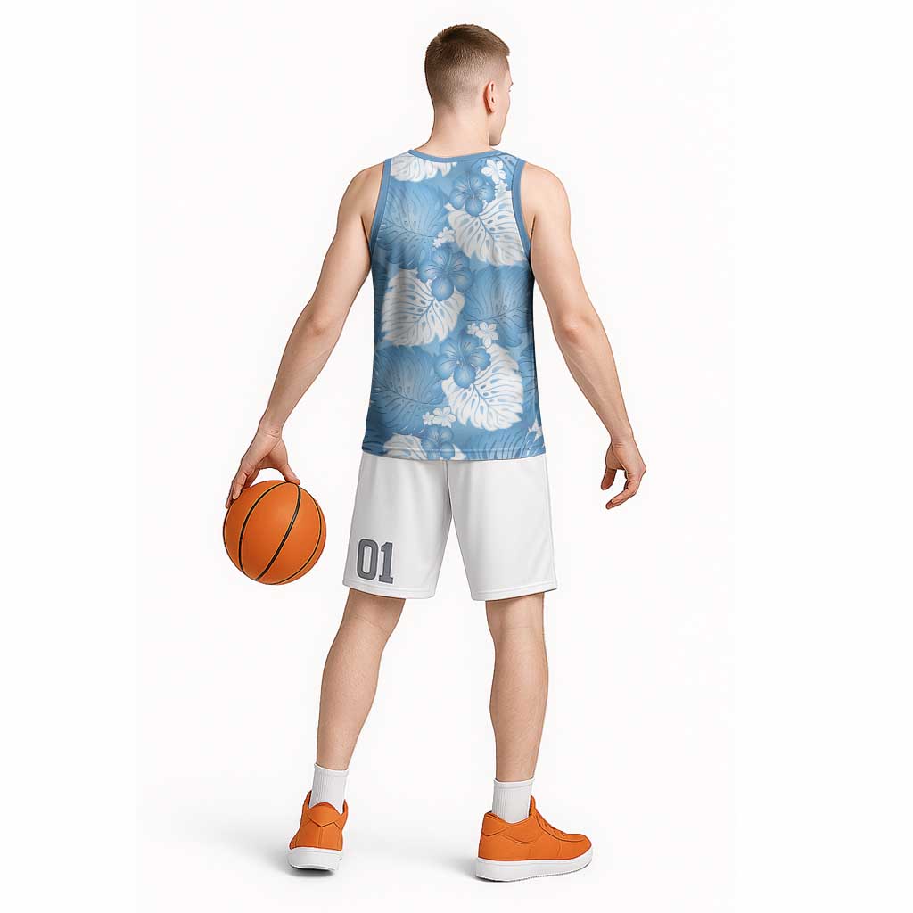 Blue Aloha Hawaii Basketball Jersey Monstera Hibiscus Plumeria Seamless Vibes LT14 - Polynesian Pride