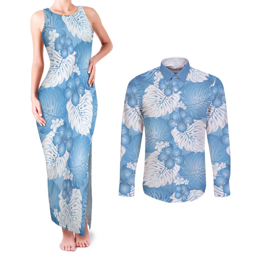 Blue Aloha Hawaii Couples Matching Tank Maxi Dress and Long Sleeve Button Shirt Monstera Hibiscus Plumeria Seamless Vibes LT14 Blue - Polynesian Pride