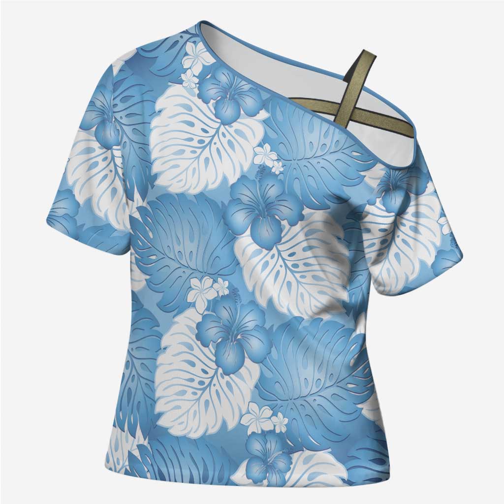 Blue Aloha Hawaii Cross Shoulder Shirt Monstera Hibiscus Plumeria Seamless Vibes LT14 Female Blue - Polynesian Pride