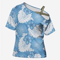 Blue Aloha Hawaii Cross Shoulder Shirt Monstera Hibiscus Plumeria Seamless Vibes LT14 Female Blue - Polynesian Pride