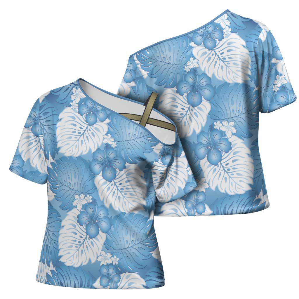 Blue Aloha Hawaii Cross Shoulder Shirt Monstera Hibiscus Plumeria Seamless Vibes LT14 - Polynesian Pride