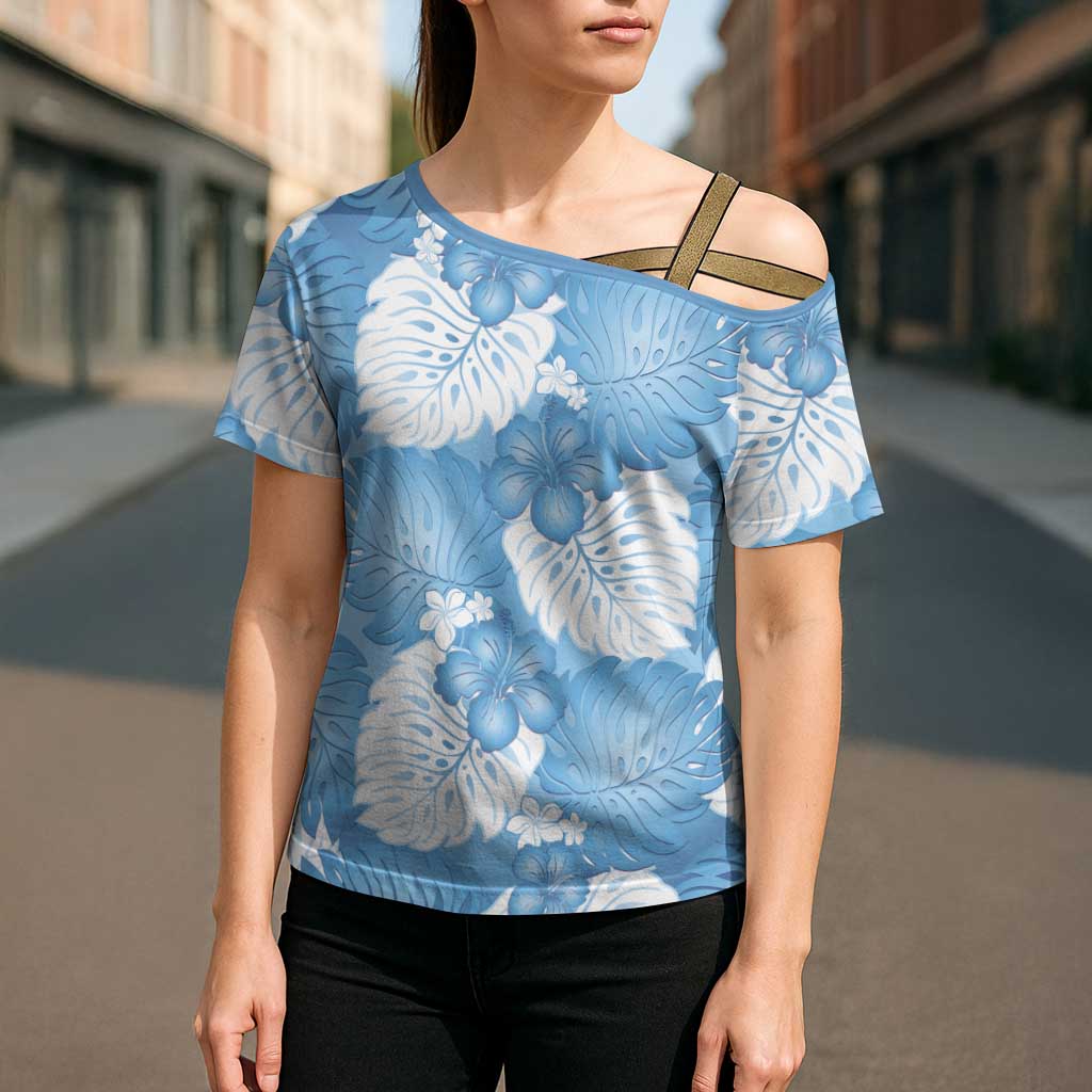 Blue Aloha Hawaii Cross Shoulder Shirt Monstera Hibiscus Plumeria Seamless Vibes LT14 - Polynesian Pride