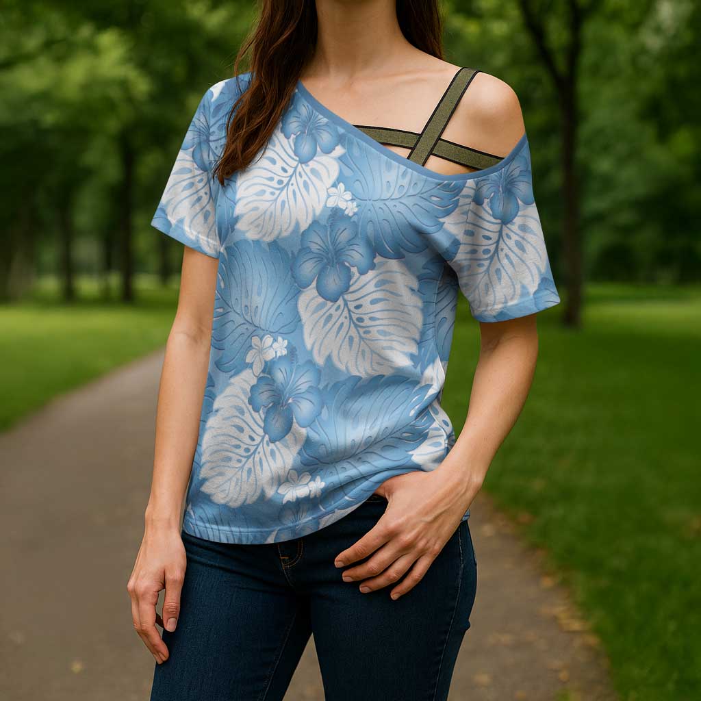 Blue Aloha Hawaii Cross Shoulder Shirt Monstera Hibiscus Plumeria Seamless Vibes LT14 - Polynesian Pride