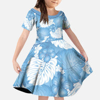 Blue Aloha Hawaii Family Matching Off The Shoulder Long Sleeve Dress and Hawaiian Shirt Monstera Hibiscus Plumeria Seamless Vibes LT14 Daughter's Dress Blue - Polynesian Pride