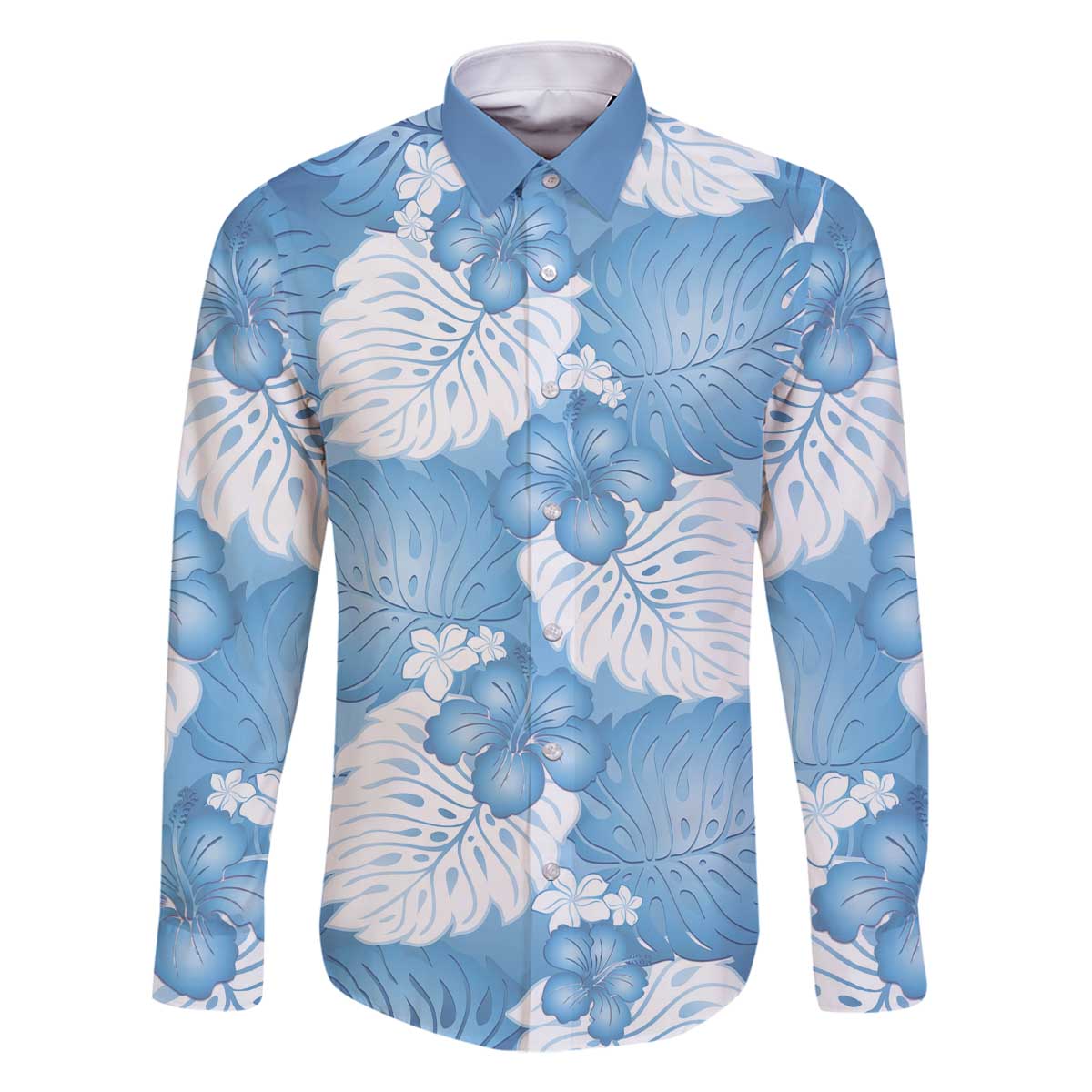 Blue Aloha Hawaii Family Matching Off The Shoulder Long Sleeve Dress and Hawaiian Shirt Monstera Hibiscus Plumeria Seamless Vibes LT14 Dad's Shirt - Long Sleeve Blue - Polynesian Pride