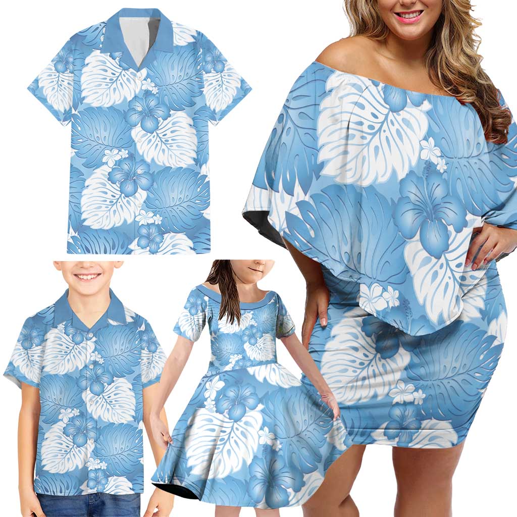 Blue Aloha Hawaii Family Matching Off Shoulder Short Dress and Hawaiian Shirt Monstera Hibiscus Plumeria Seamless Vibes - Polynesian Pride