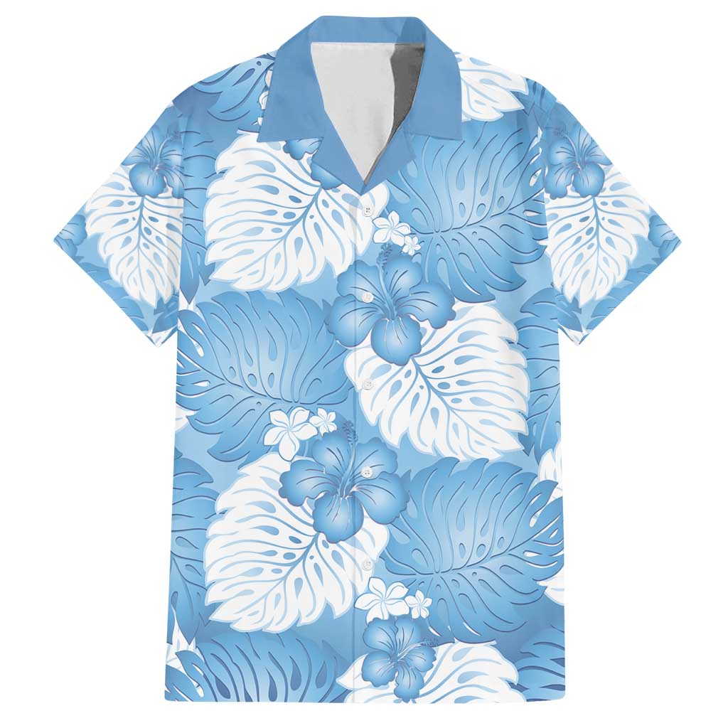 Blue Aloha Hawaii Family Matching Puletasi and Hawaiian Shirt Monstera Hibiscus Plumeria Seamless Vibes LT14 Dad's Shirt - Short Sleeve Blue - Polynesian Pride