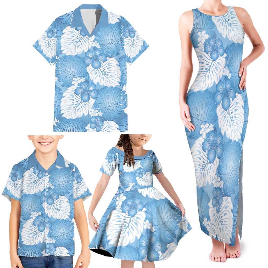 Blue Aloha Hawaii Family Matching Tank Maxi Dress and Hawaiian Shirt Monstera Hibiscus Plumeria Seamless Vibes - Polynesian Pride