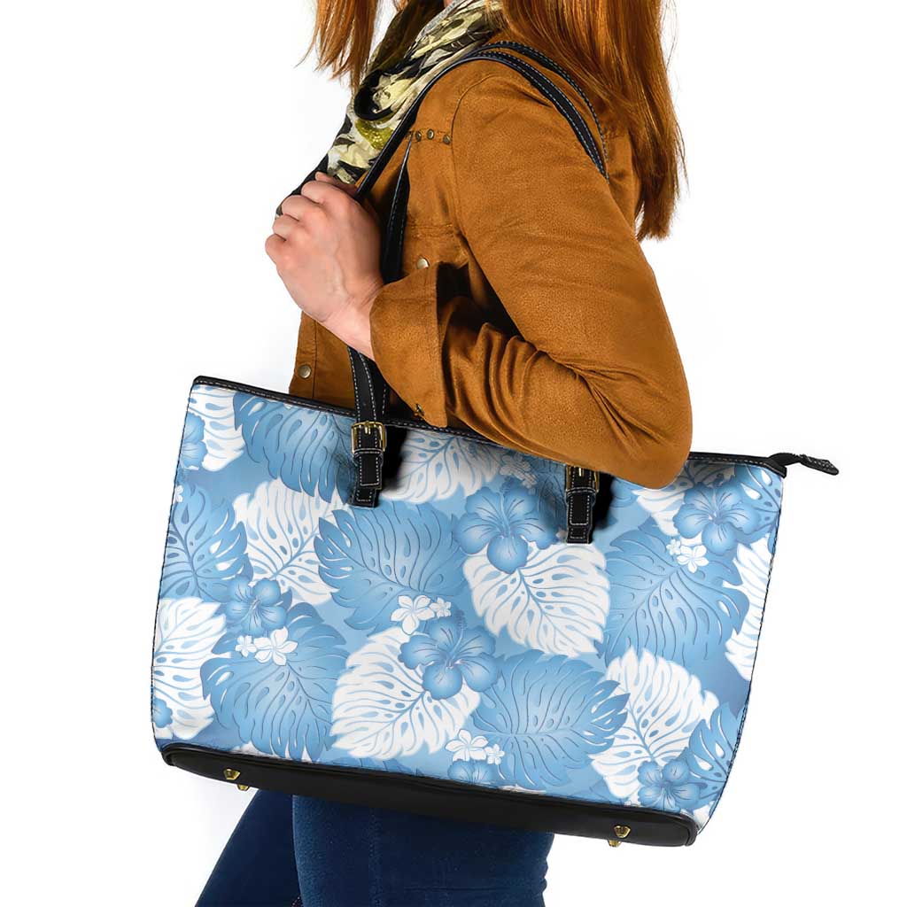 Blue Aloha Hawaii Leather Tote Bag Monstera Hibiscus Plumeria Seamless Vibes LT14 Blue - Polynesian Pride