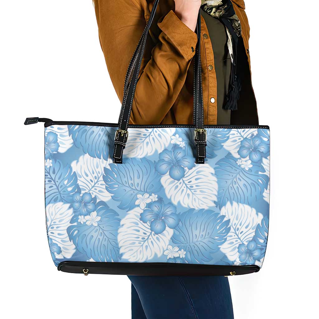Blue Aloha Hawaii Leather Tote Bag Monstera Hibiscus Plumeria Seamless Vibes LT14 - Polynesian Pride