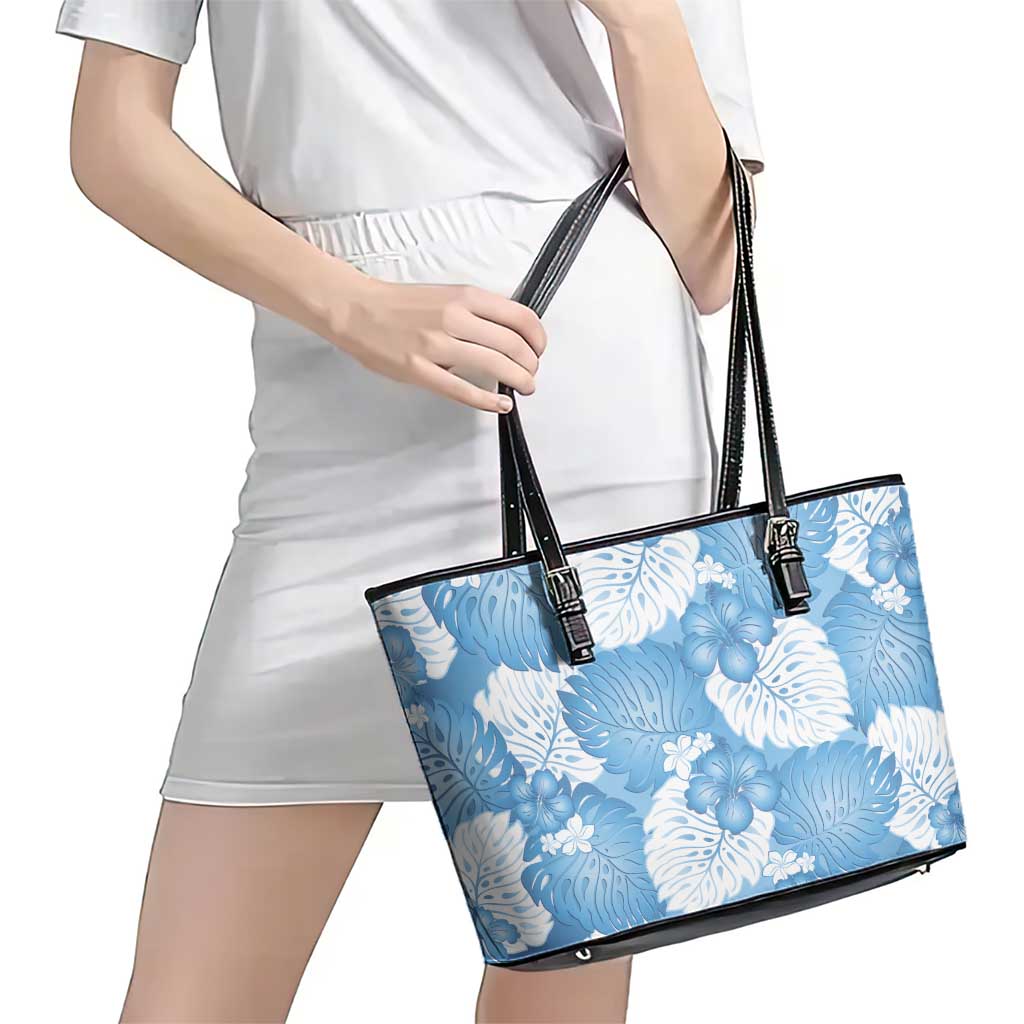Blue Aloha Hawaii Leather Tote Bag Monstera Hibiscus Plumeria Seamless Vibes LT14 - Polynesian Pride