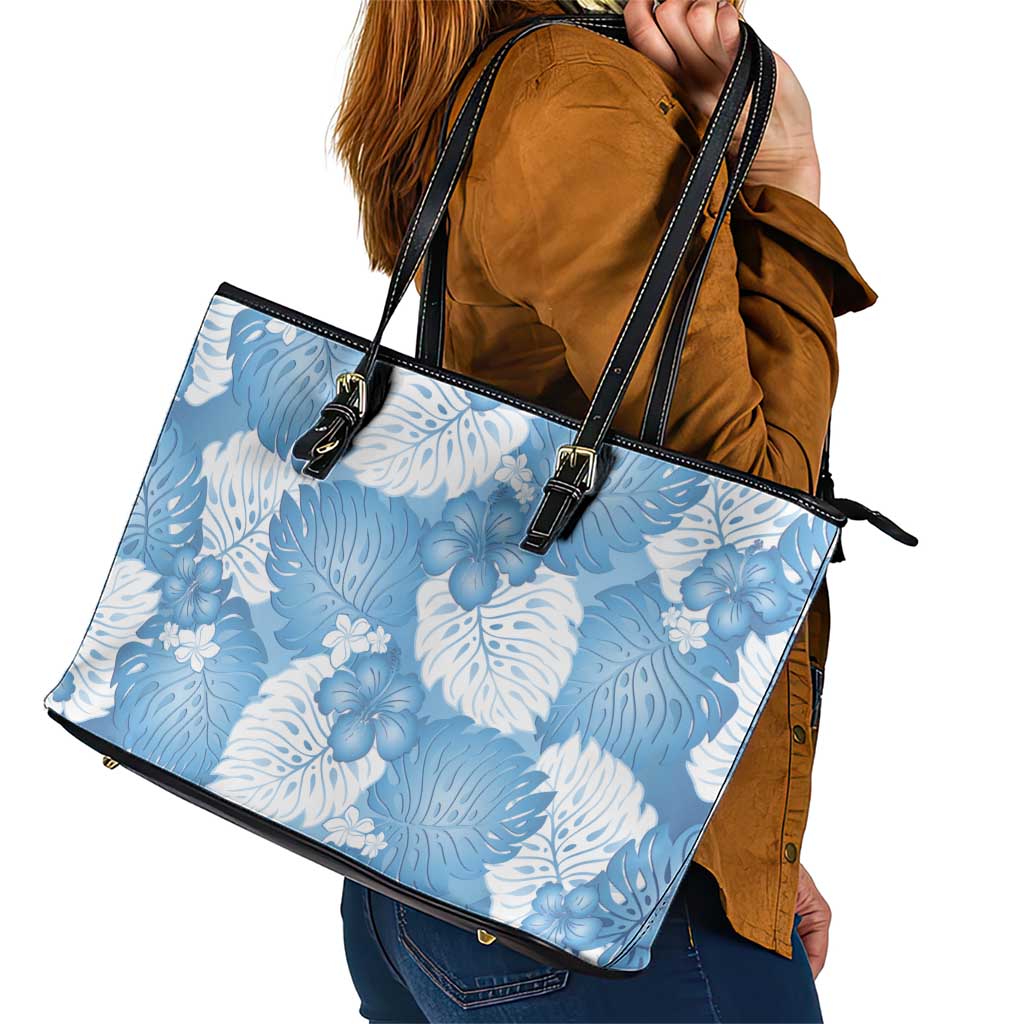 Blue Aloha Hawaii Leather Tote Bag Monstera Hibiscus Plumeria Seamless Vibes LT14 - Polynesian Pride