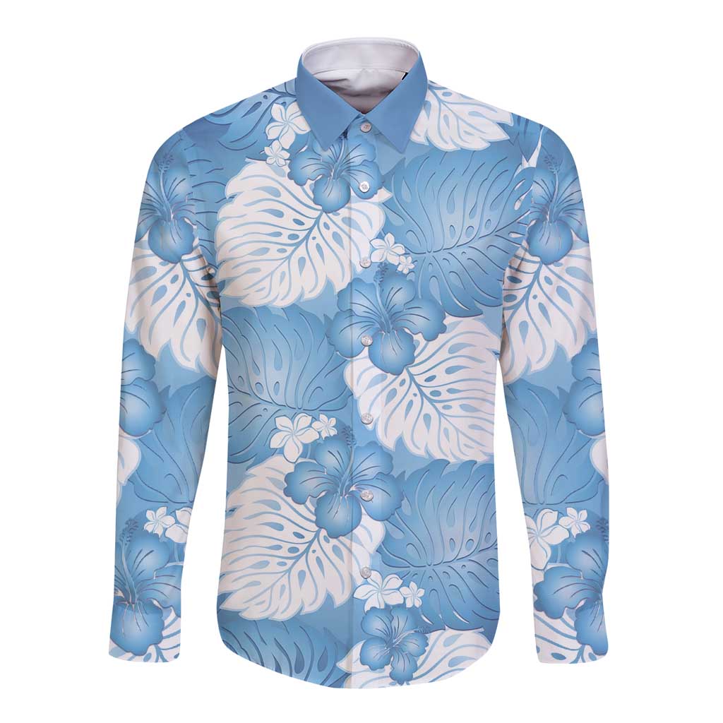 Blue Aloha Hawaii Long Sleeve Button Shirt Monstera Hibiscus Plumeria Seamless Vibes LT14 Unisex Blue - Polynesian Pride