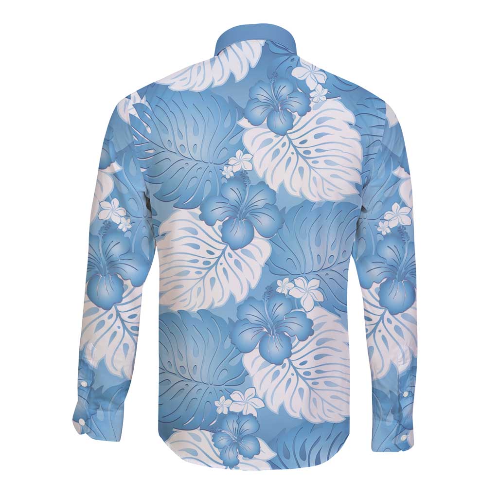 Blue Aloha Hawaii Long Sleeve Button Shirt Monstera Hibiscus Plumeria Seamless Vibes LT14 - Polynesian Pride
