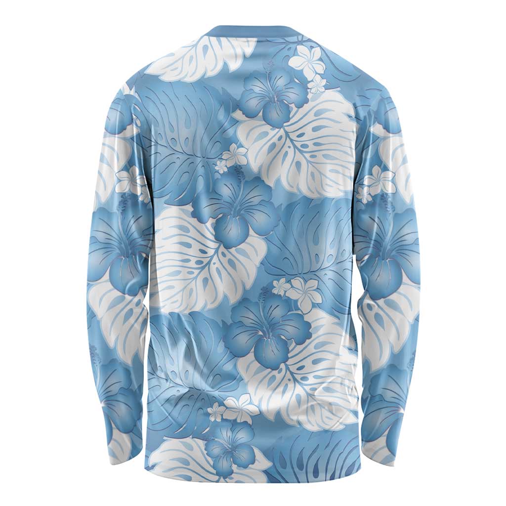 Blue Aloha Hawaii Long Sleeve Shirt Monstera Hibiscus Plumeria Seamless Vibes - Polynesian Pride