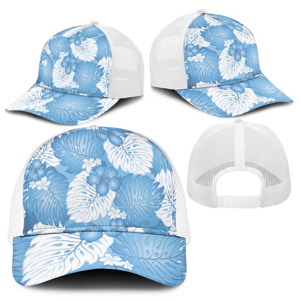 Blue Aloha Hawaii Mesh Trucker Cap Monstera Hibiscus Plumeria Seamless Vibes - Polynesian Pride