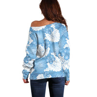 Blue Aloha Hawaii Off Shoulder Sweater Monstera Hibiscus Plumeria Seamless Vibes - Polynesian Pride