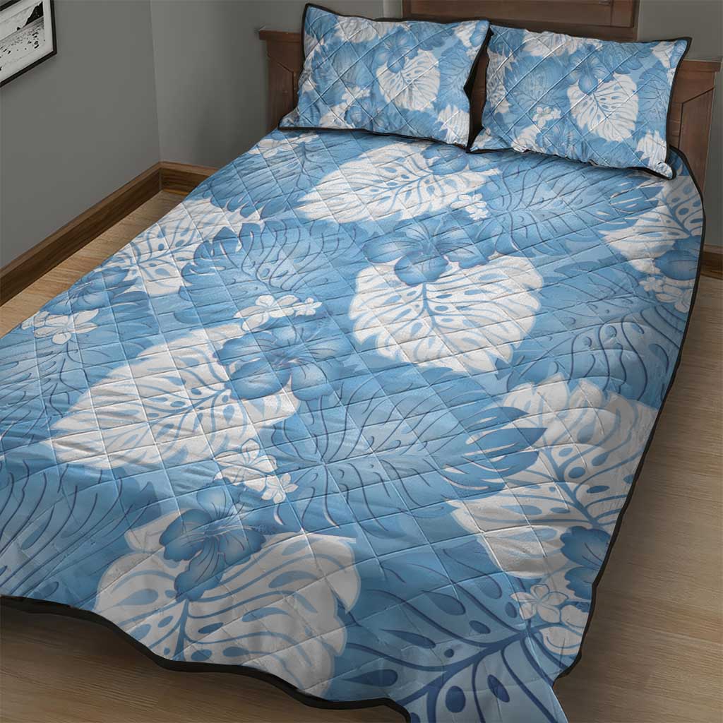 Blue Aloha Hawaii Quilt Bed Set Monstera Hibiscus Plumeria Seamless Vibes - Polynesian Pride