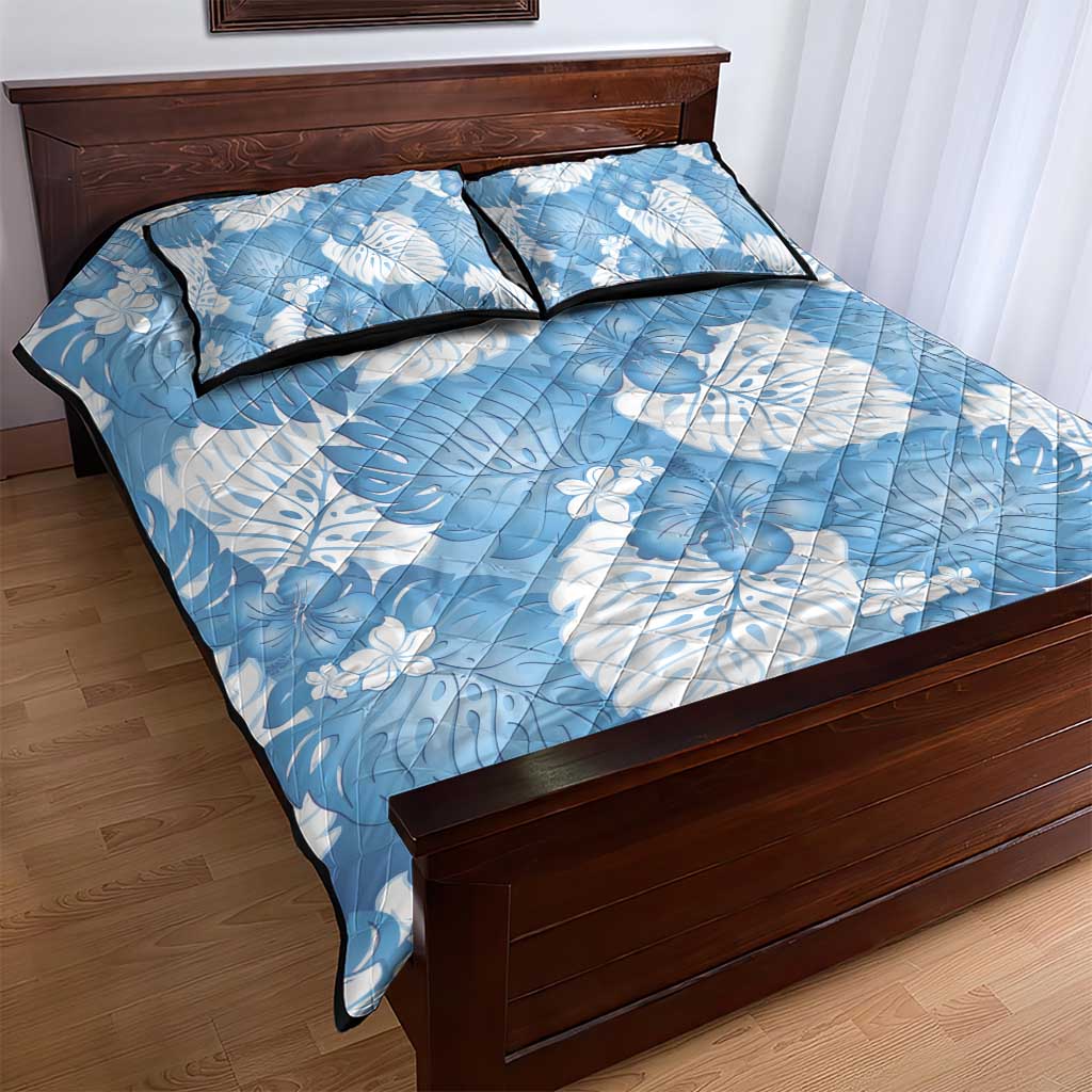 Blue Aloha Hawaii Quilt Bed Set Monstera Hibiscus Plumeria Seamless Vibes - Polynesian Pride