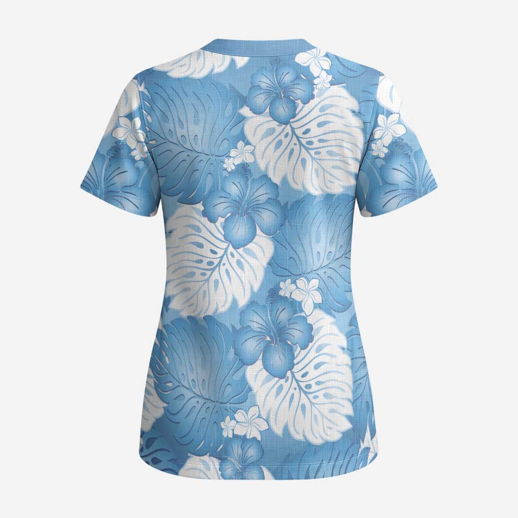 Blue Aloha Hawaii Scrub Top Monstera Hibiscus Plumeria Seamless Vibes - Polynesian Pride