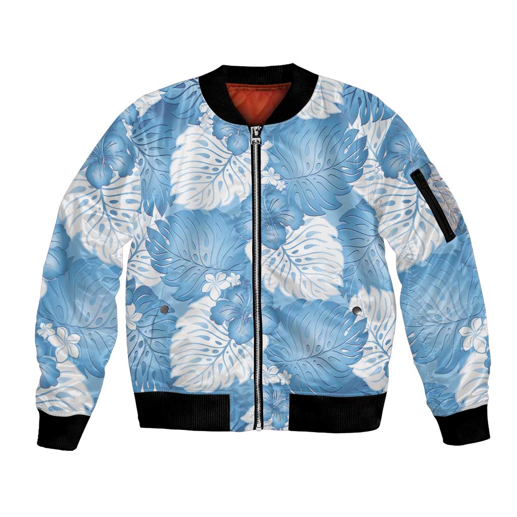 Blue Aloha Hawaii Sleeve Zip Bomber Jacket Monstera Hibiscus Plumeria Seamless Vibes - Polynesian Pride