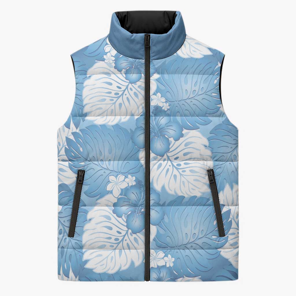 Blue Aloha Hawaii Sleeveless Puffer Jacket Monstera Hibiscus Plumeria Seamless Vibes LT14 Unisex Blue - Polynesian Pride
