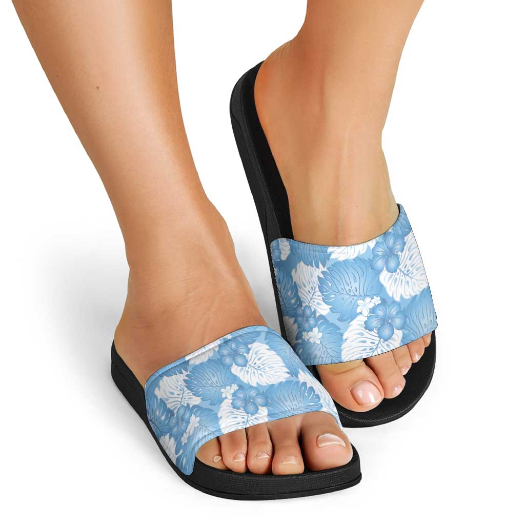 Blue Aloha Hawaii Slide Sandals Monstera Hibiscus Plumeria Seamless Vibes - Polynesian Pride