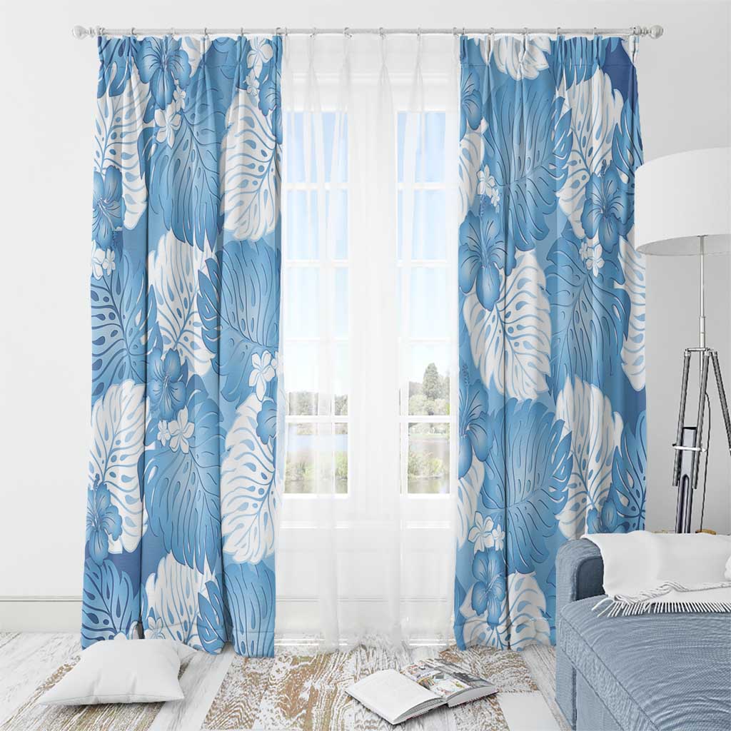 Blue Aloha Hawaii Window Curtain Monstera Hibiscus Plumeria Seamless Vibes - Polynesian Pride
