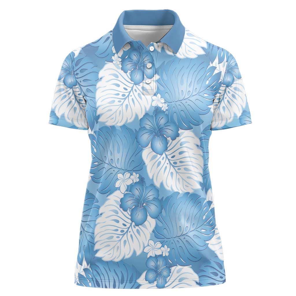 Blue Aloha Hawaii Women Polo Shirt Monstera Hibiscus Plumeria Seamless Vibes - Polynesian Pride