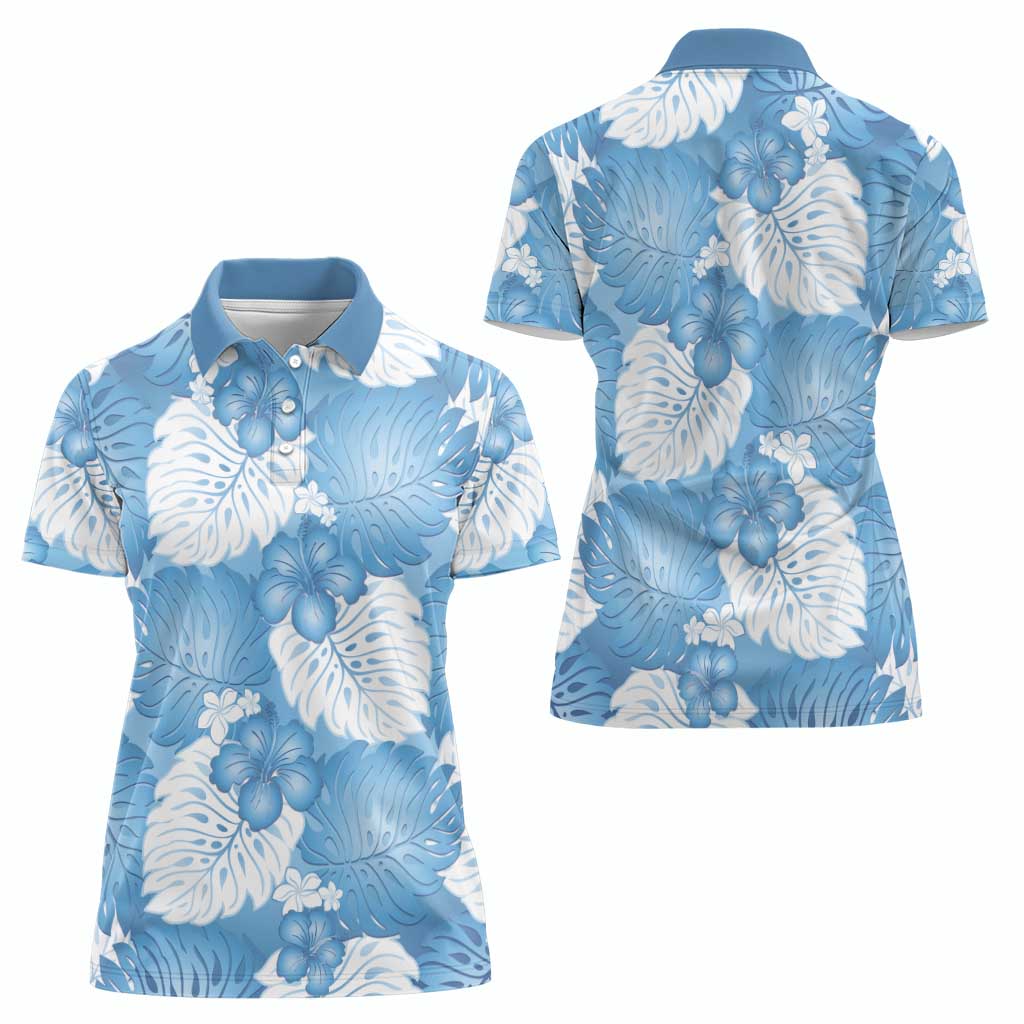 Blue Aloha Hawaii Women Polo Shirt Monstera Hibiscus Plumeria Seamless Vibes - Polynesian Pride