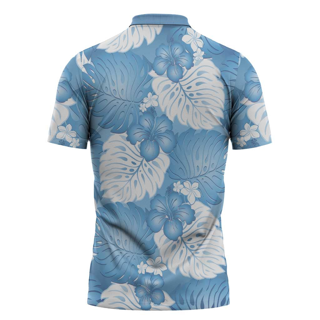 Blue Aloha Hawaii Zipper Polo Shirt Monstera Hibiscus Plumeria Seamless Vibes - Polynesian Pride