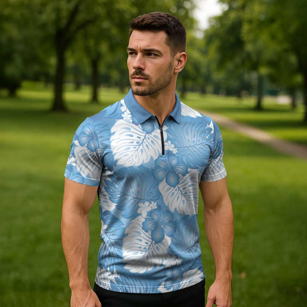 Blue Aloha Hawaii Zipper Polo Shirt Monstera Hibiscus Plumeria Seamless Vibes - Polynesian Pride