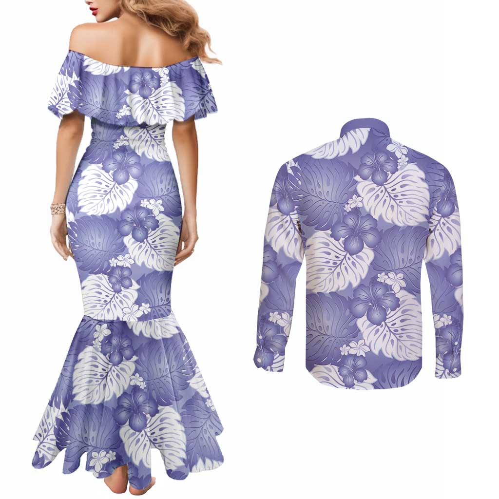 Purple Aloha Hawaii Couples Matching Mermaid Dress and Long Sleeve Button Shirt Monstera Hibiscus Plumeria Seamless Vibes - Polynesian Pride