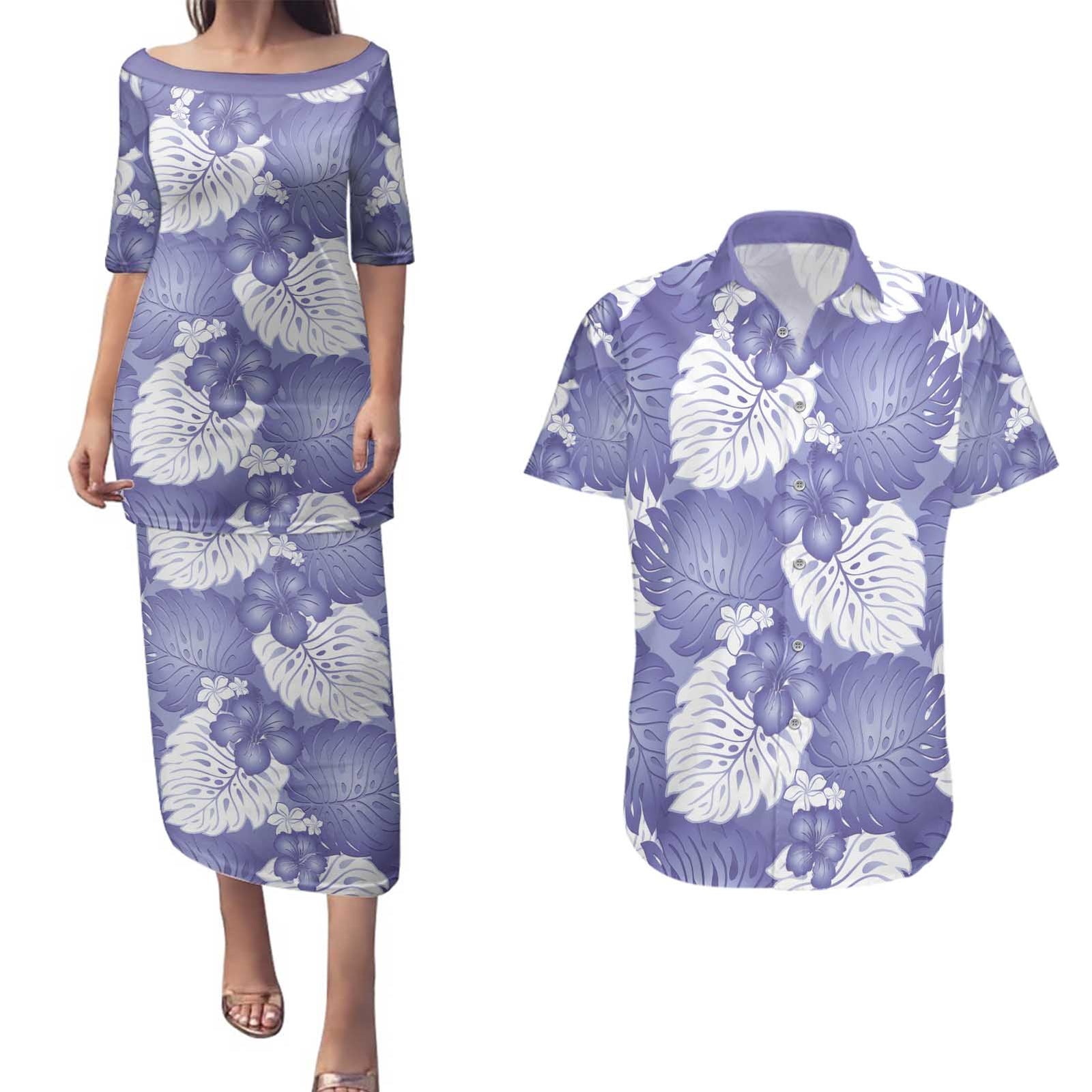 Purple Aloha Hawaii Couples Matching Puletasi and Hawaiian Shirt Monstera Hibiscus Plumeria Seamless Vibes LT14 Purple - Polynesian Pride