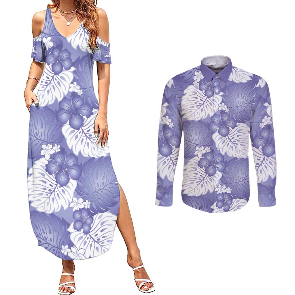 Purple Aloha Hawaii Couples Matching Summer Maxi Dress and Long Sleeve Button Shirt Monstera Hibiscus Plumeria Seamless Vibes - Polynesian Pride