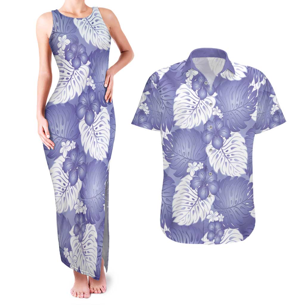 Purple Aloha Hawaii Couples Matching Tank Maxi Dress and Hawaiian Shirt Monstera Hibiscus Plumeria Seamless Vibes - Polynesian Pride