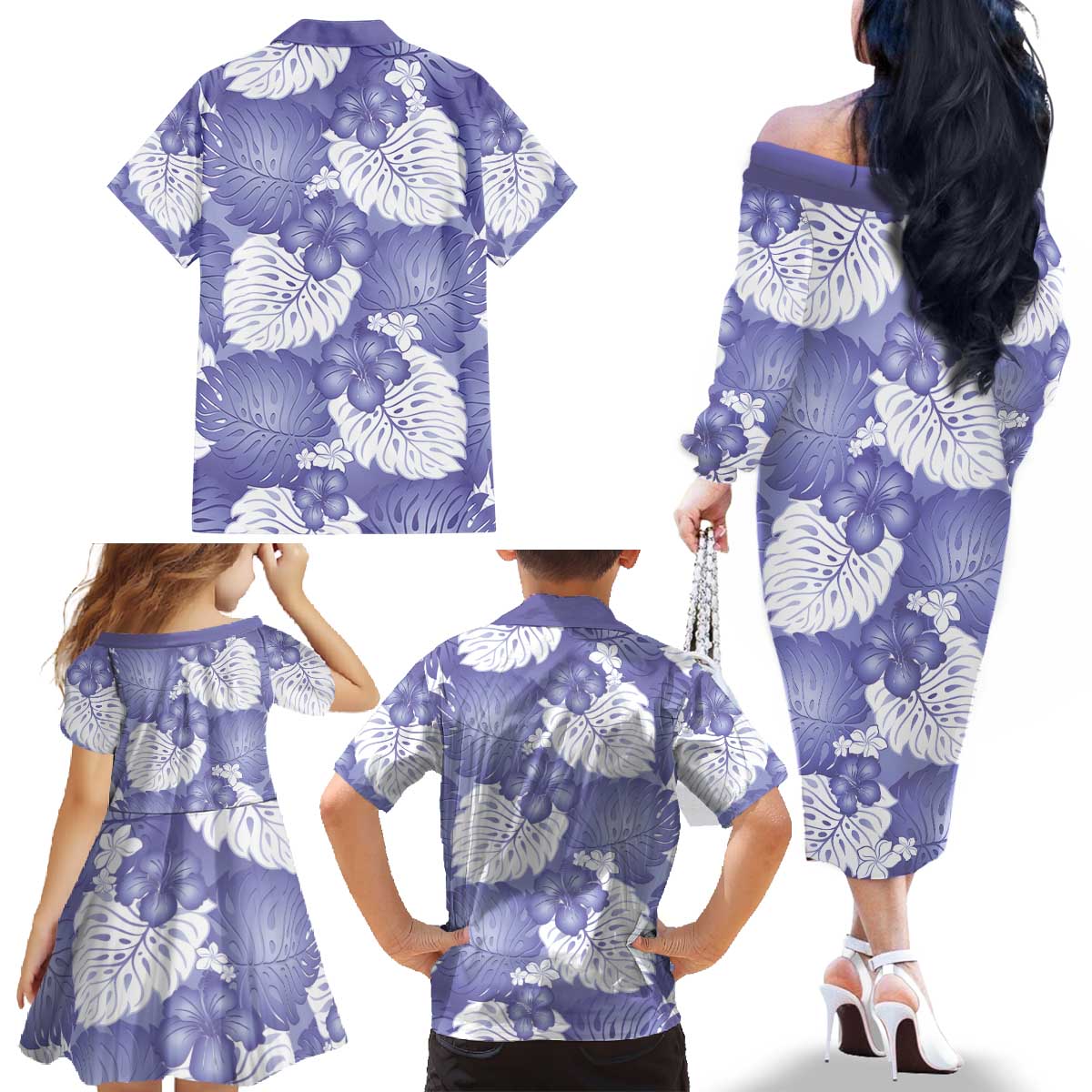 Purple Aloha Hawaii Family Matching Off The Shoulder Long Sleeve Dress and Hawaiian Shirt Monstera Hibiscus Plumeria Seamless Vibes - Polynesian Pride