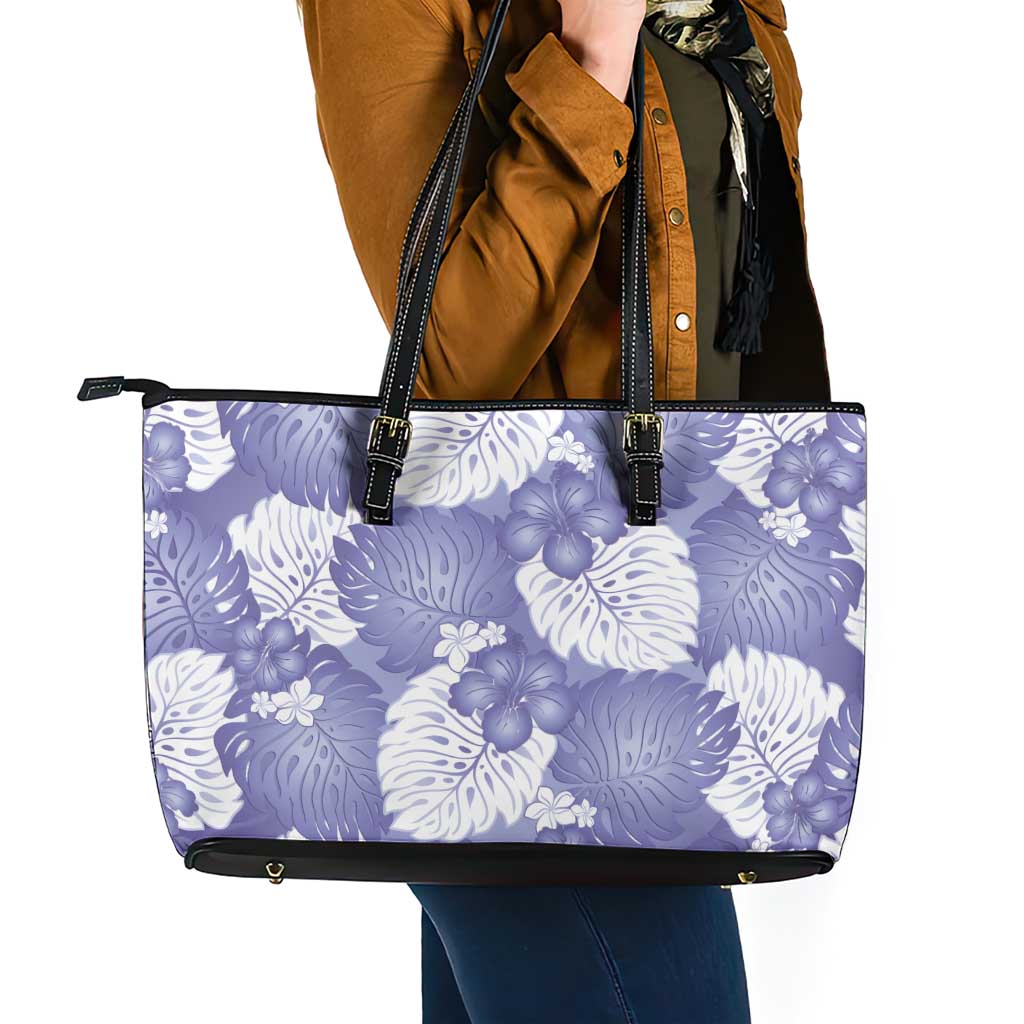 Purple Aloha Hawaii Leather Tote Bag Monstera Hibiscus Plumeria Seamless Vibes LT14 - Polynesian Pride