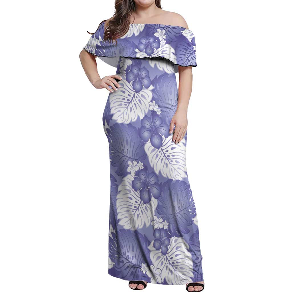 Purple Aloha Hawaii Off Shoulder Maxi Dress Monstera Hibiscus Plumeria Seamless Vibes - Polynesian Pride