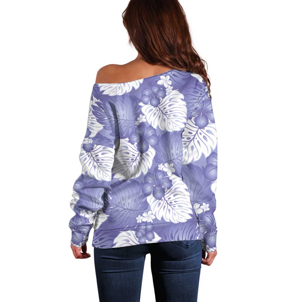 Purple Aloha Hawaii Off Shoulder Sweater Monstera Hibiscus Plumeria Seamless Vibes - Polynesian Pride
