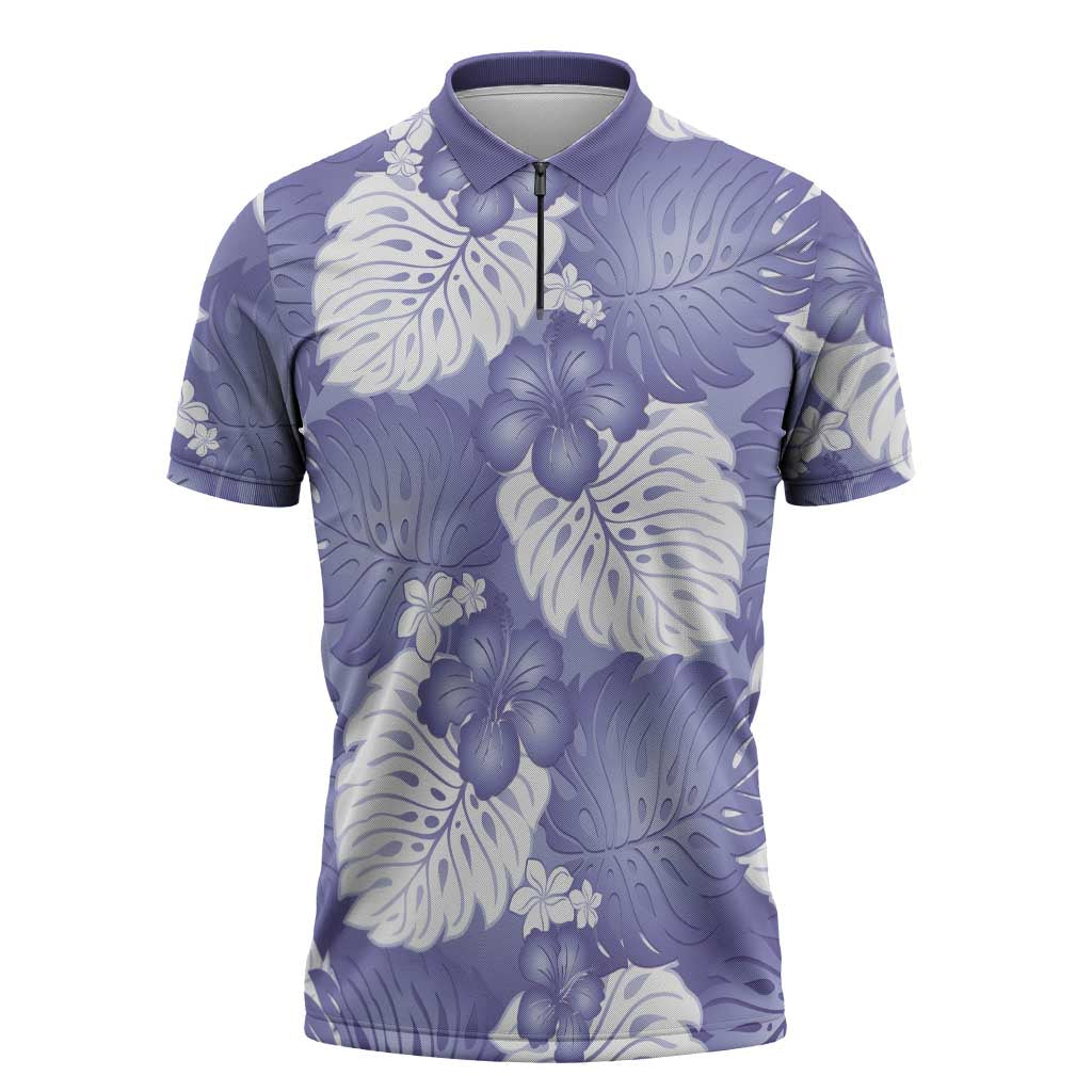 Purple Aloha Hawaii Zipper Polo Shirt Monstera Hibiscus Plumeria Seamless Vibes - Polynesian Pride