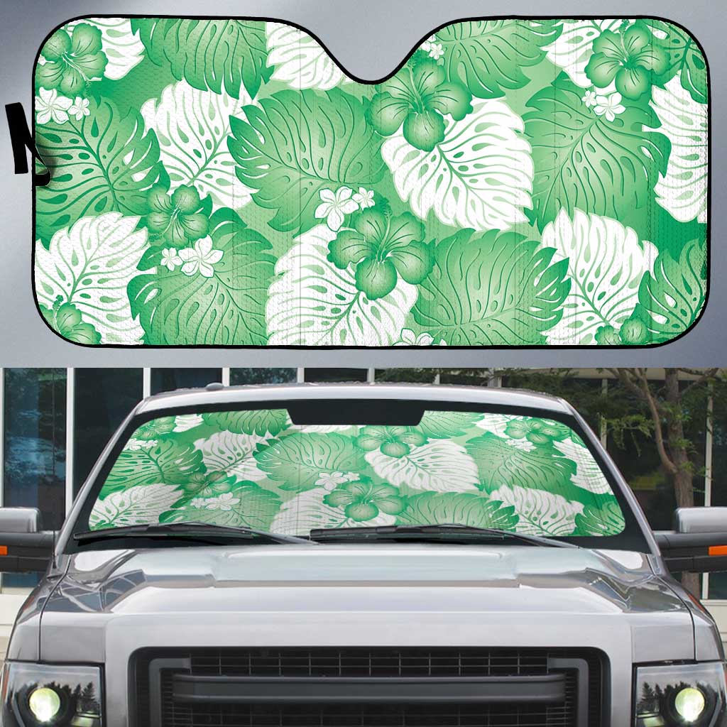 Green Aloha Hawaii Auto Sun Shade Monstera Hibiscus Plumeria Seamless Vibes - Polynesian Pride