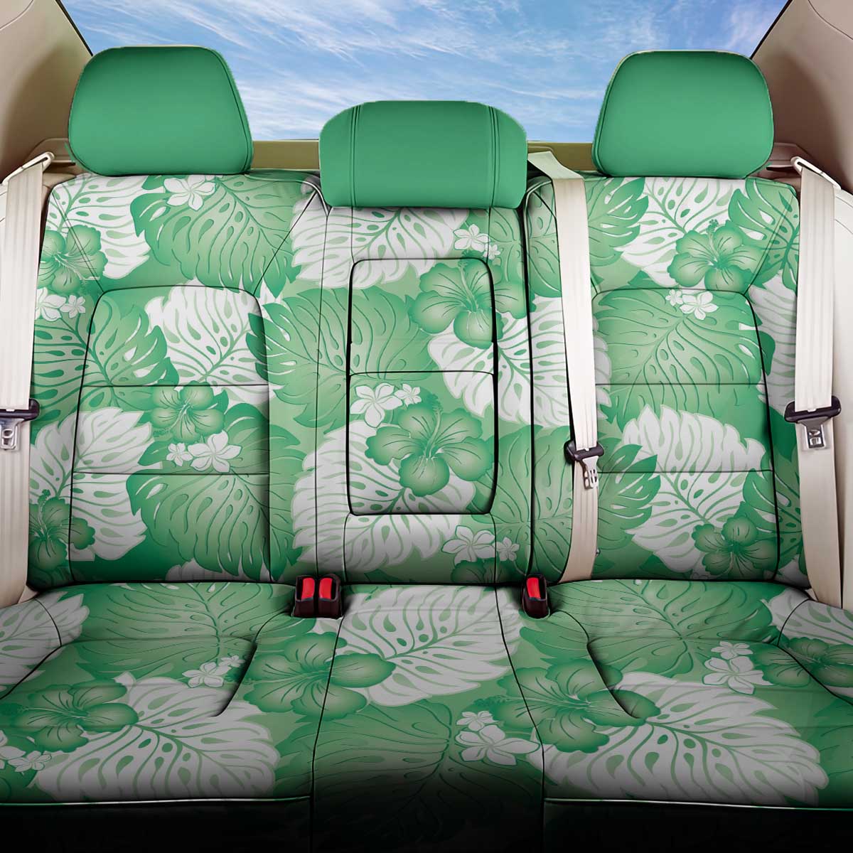 Green Aloha Hawaii Back Car Seat Cover Monstera Hibiscus Plumeria Seamless Vibes - Polynesian Pride