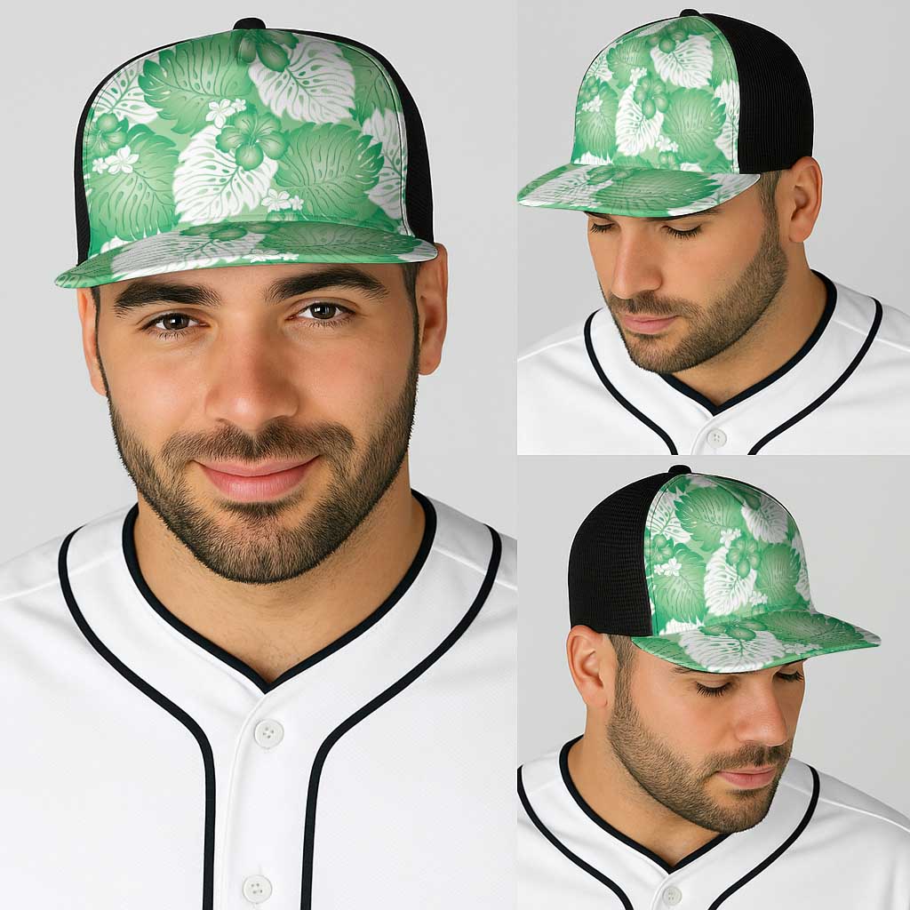 Green Aloha Hawaii Baseball Net Cap Monstera Hibiscus Plumeria Seamless Vibes - Polynesian Pride