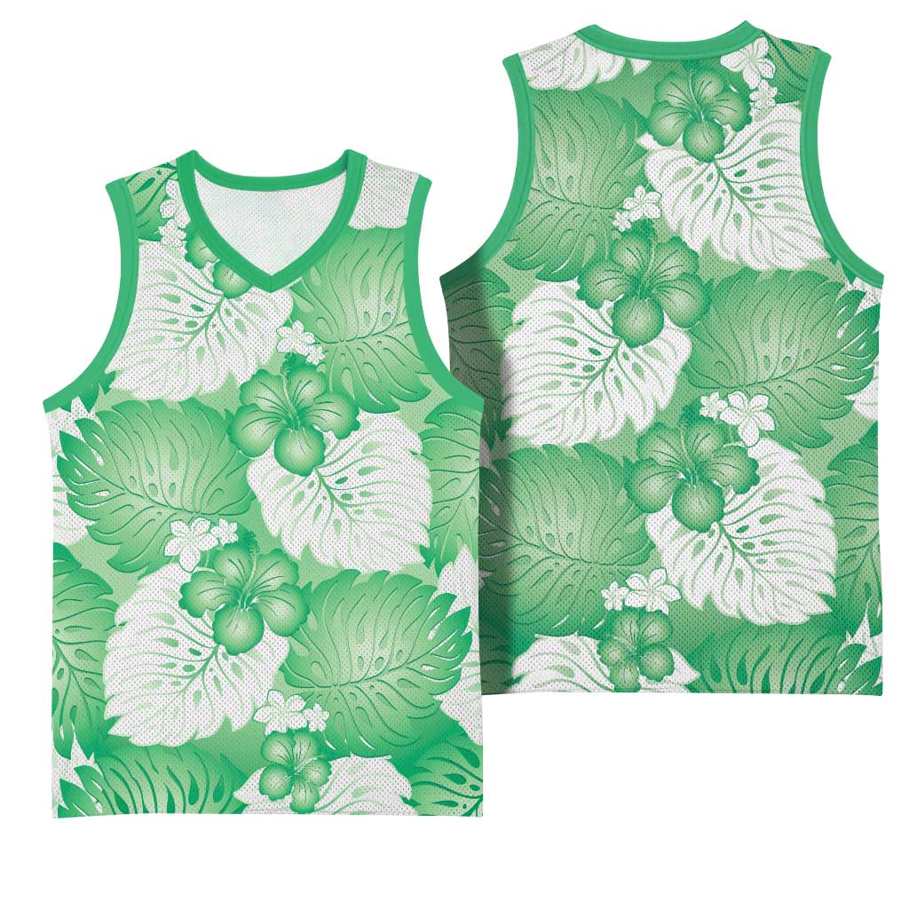 Green Aloha Hawaii Basketball Jersey Monstera Hibiscus Plumeria Seamless Vibes - Polynesian Pride