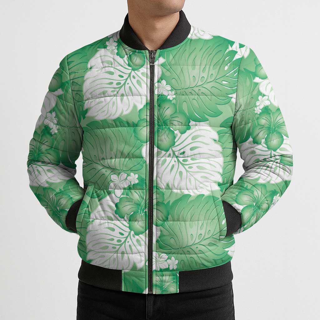 Green Aloha Hawaii Bomber Puffer Jacket Monstera Hibiscus Plumeria Seamless Vibes - Polynesian Pride