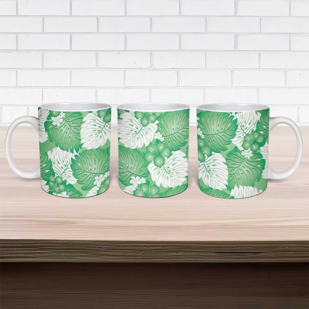 Green Aloha Hawaii Ceramic Mug Monstera Hibiscus Plumeria Seamless Vibes - Polynesian Pride