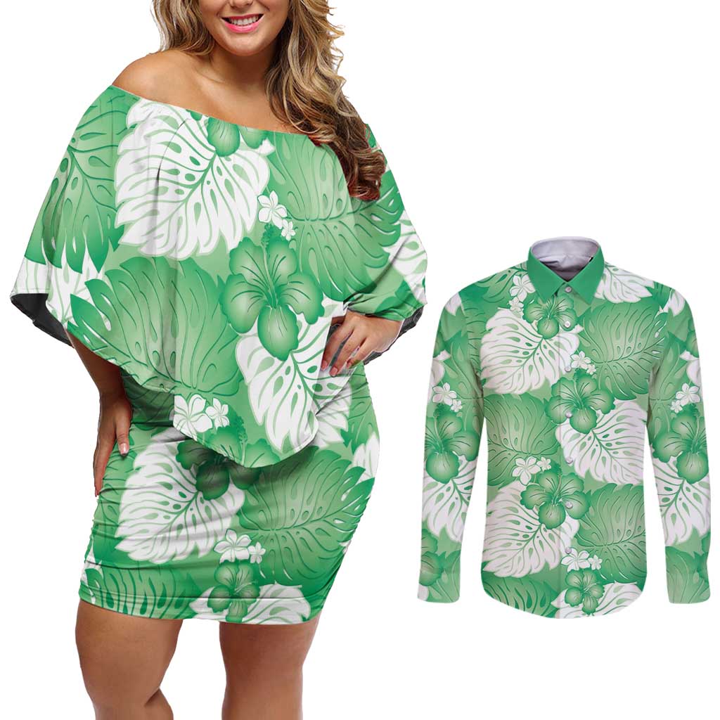 Green Aloha Hawaii Couples Matching Off Shoulder Short Dress and Long Sleeve Button Shirt Monstera Hibiscus Plumeria Seamless Vibes - Polynesian Pride